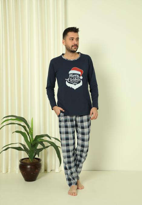 Pijama barbati Craciun "Merry Chrismas" maneca lunga ,pantaloni lungi,Culoare Bleumarin ,Engros